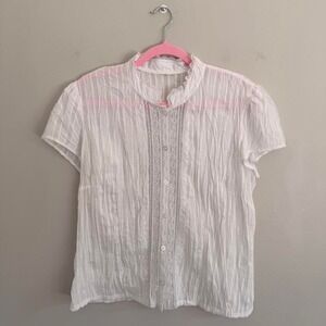 Y2K WHITE CRINKLE SHEER LACE TRIM BLOUSE‎